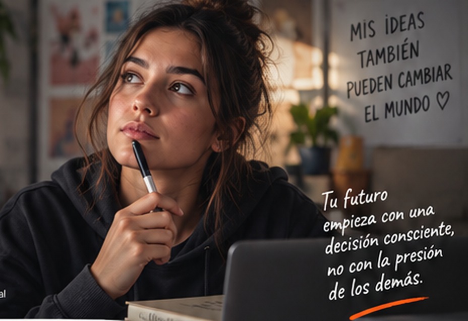 Estudiante pensando en su futuro frente a su escritorio