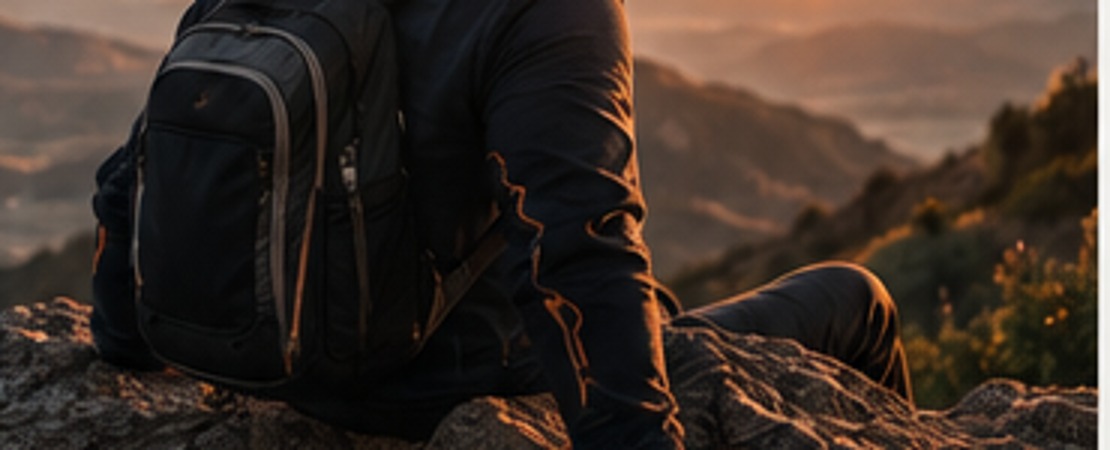 Hombre con mochila sentado en la montaña mirando el atardecer