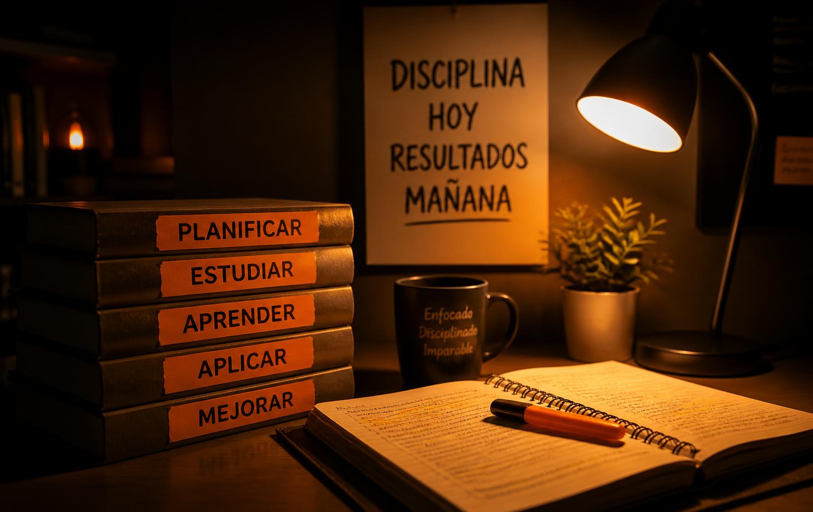 Escritorio de estudio de noche con libros de planificar, estudiar, aprender, aplicar y mejorar, una lámpara encendida y un cuaderno abierto
