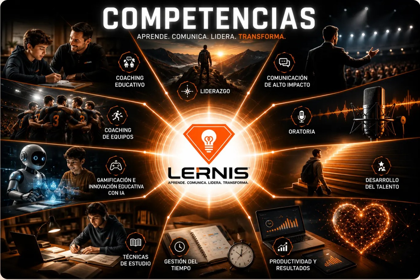 Mapa de competencias: coaching educativo, liderazgo, comunicación, oratoria, gamificación e IA, técnicas de estudio, gestión del tiempo y desarrollo del talento