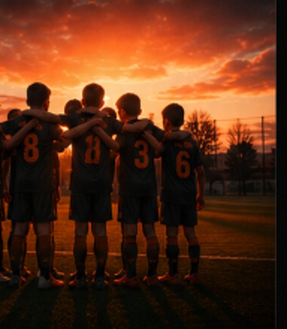 Jugadores del club abrazados mirando el campo al atardecer